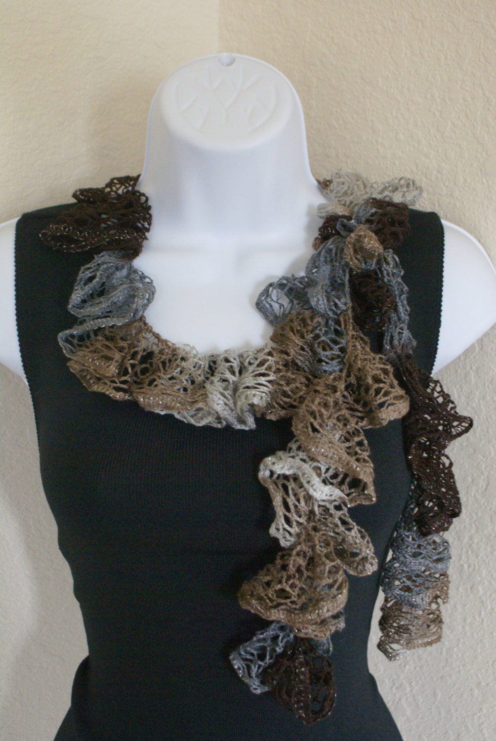 Ruffle scarf handmade crochet lace and soft gray brown beige silver shiny scarf for spring and summer