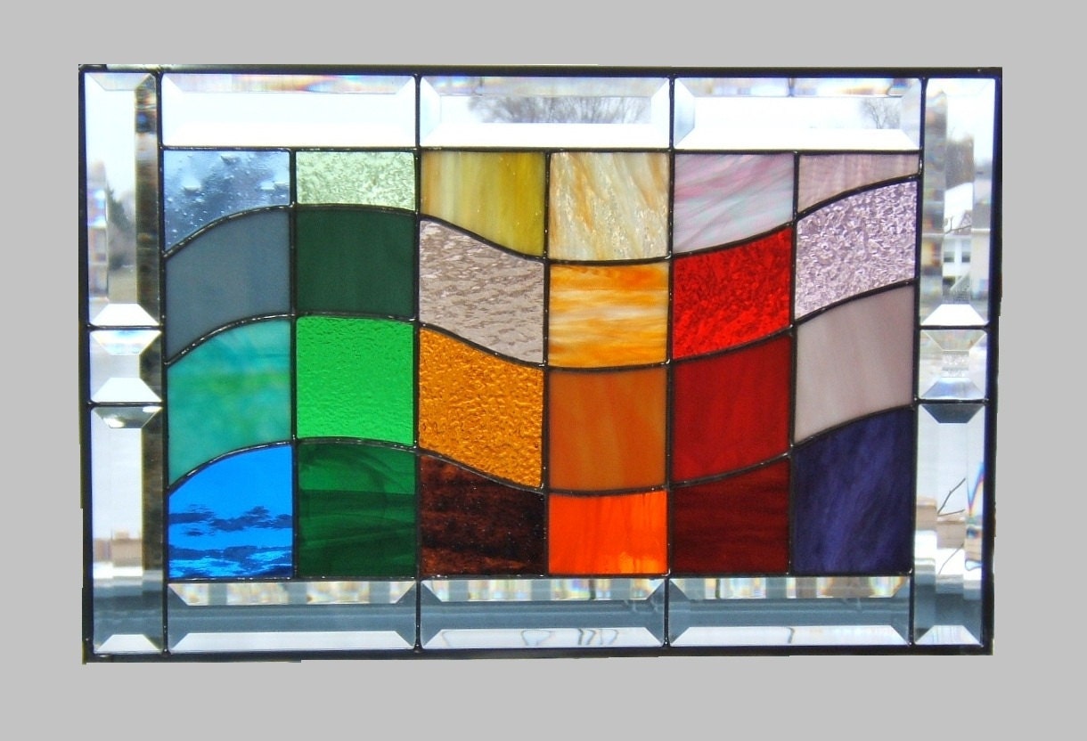 Beveled Stained glass panel window rainbow wave geometric abstract stained glass window panel modern window hanging wg2