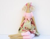 Fabric doll cute stuffed doll pink green polka dot rose blonde, cloth doll rag doll - cute stuffed doll gift for girls