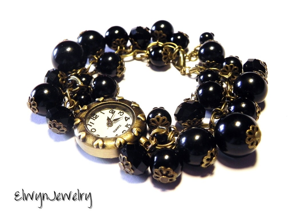 Bronze Black Watch Bracelet, Beaded Cluster, Crystal, Pearls, Bridesmaid Jewerly