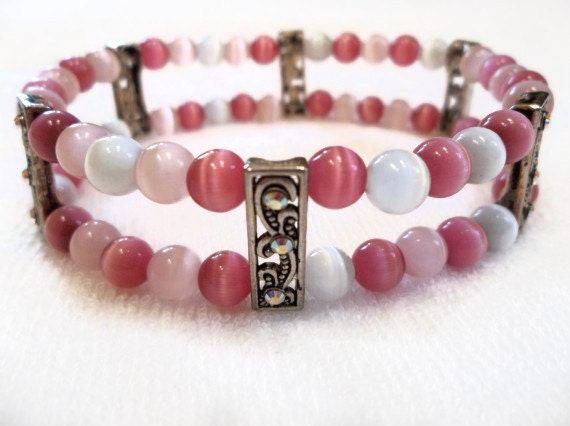 Pink Beaded Cuff Bracelet, Cats Eye Beads, Jewelry