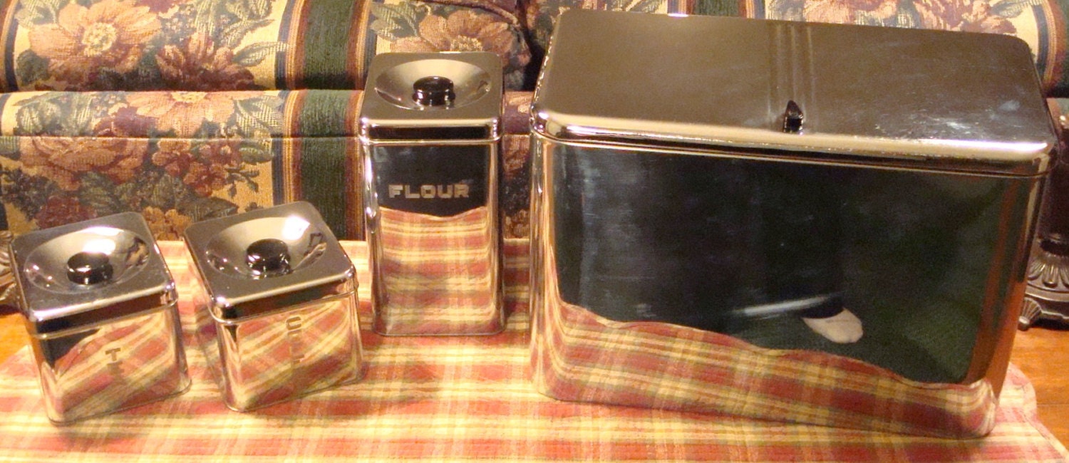 Lincoln BeautyWare bread box flour coffee tea canisters etched chrome mid century retro kitchen space age  kitch.