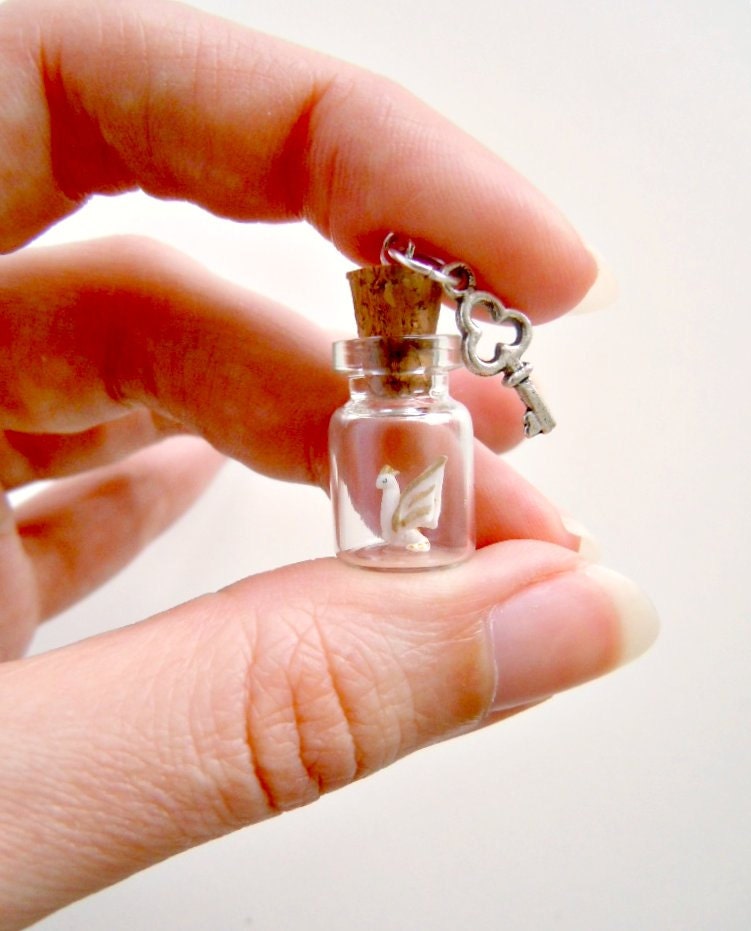 Tiny dragon in a bottle - OOAK pendant in white and gold