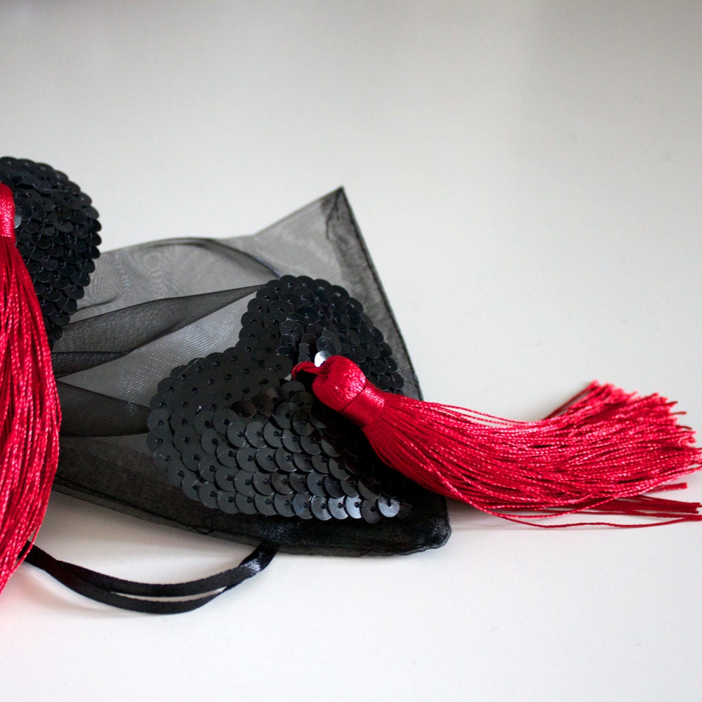 Nipple Tassels - Black & Red heart shaped pasties