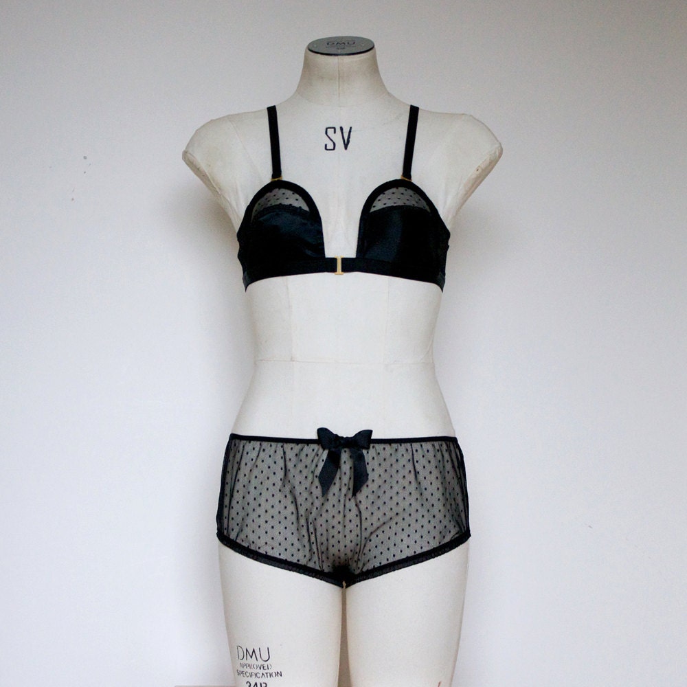 Lingerie Set - Overwire Bra and Shorts in Black Satin and Polka Dot Mesh- Free Shipping
