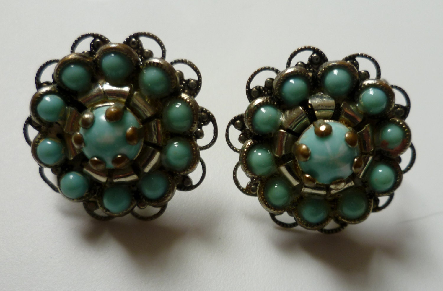 Vintage 60s Turquoise Stone & Filigree Earrings