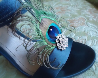 Peacock Shoe Clips.- .Stunning, Bridal, Wedding. Curl peacock shoe clip. Other Rhinestone color  available - TINA-