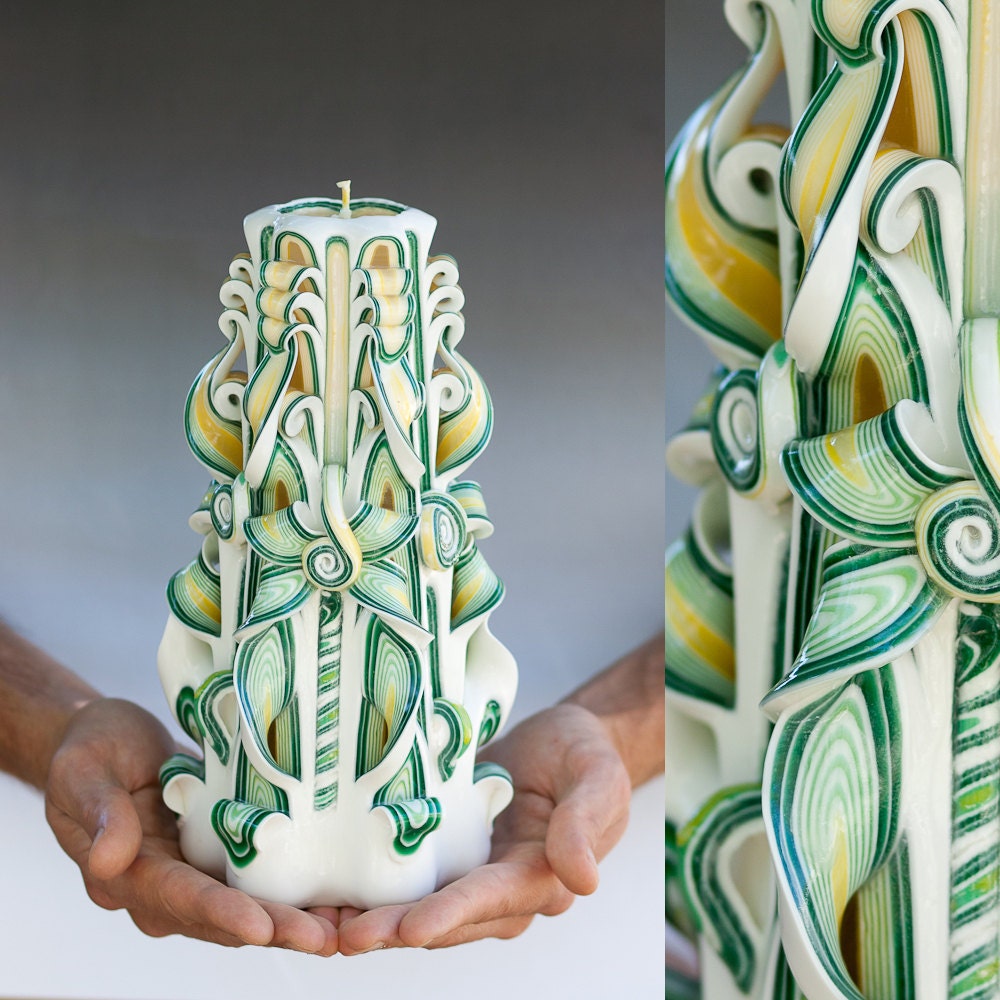 Green and white candle - Carved candles - Large candle