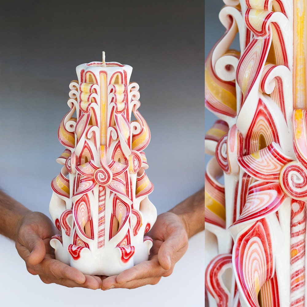 Carved candles -  Red and white candle - Large candle