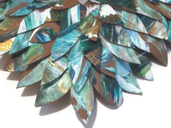Teal, Blue, and Green Large Mirror, Leather Feather Wall Mirror, Bathroom Mirror, Hanging Mirror