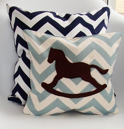 nursery accent pillow chevron light blue and natural felt embridery rocking horse vintage inspired decorative nursery pillow