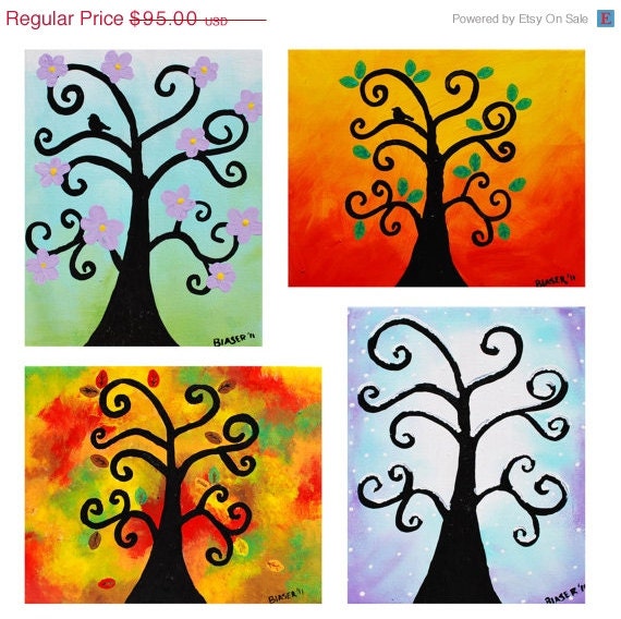 50% Off 1 week only SET OF 4 Abstract Giclee art Print on Stretched 8x10  Canvas Seasons Tree spring summer autum fall winter