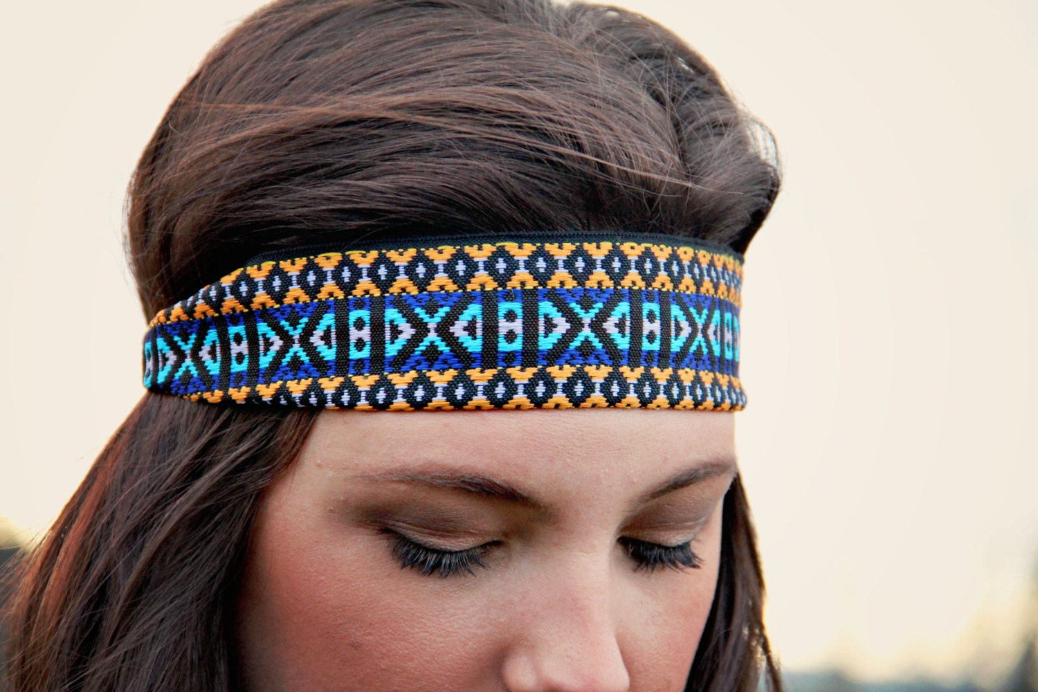 The Indie Printed Headband in Blue and Orange, boho style, elastic closure, Aztec, Native Style, Bohemian hippie, Boho Headband
