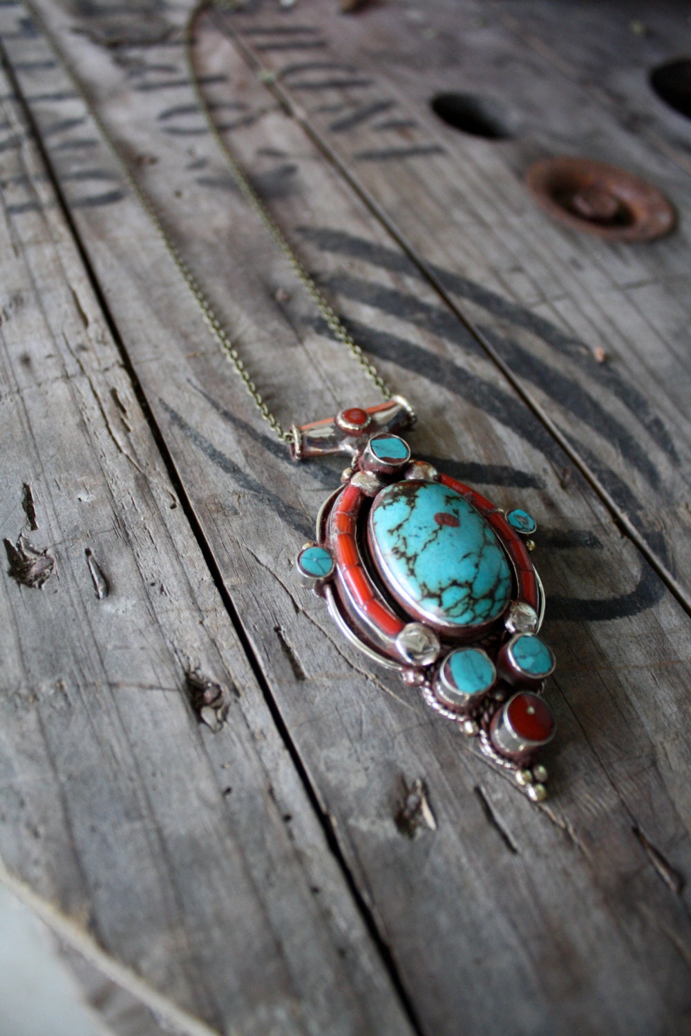 Turquoise and Coral Tibetan Pendant Necklace