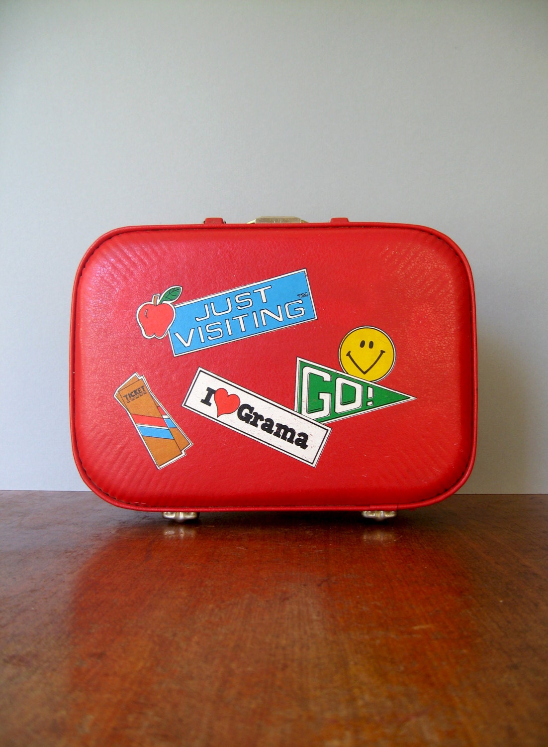 Vintage Novelty Child Size Red Suitcase with Decals