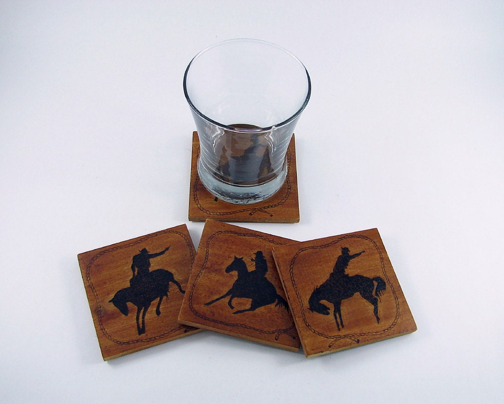 Wood Coasters - Wood Pyrography - Rodeo Cowboy Coasters