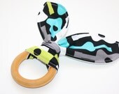 Natural Organic Treated Wooden Teething Ring - Groovy Guitars and Organic Flannel - Over 100 Fabric Choices