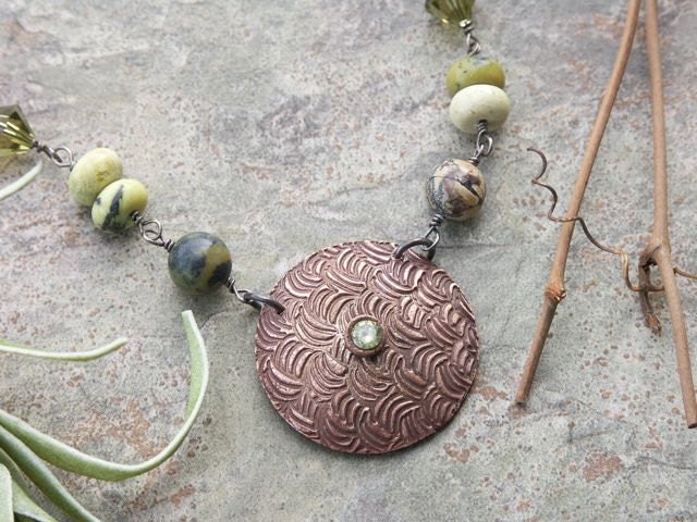 Handmade Yellow Turquoise, Swarovski Crystal Copper & Sterling Silver Necklace