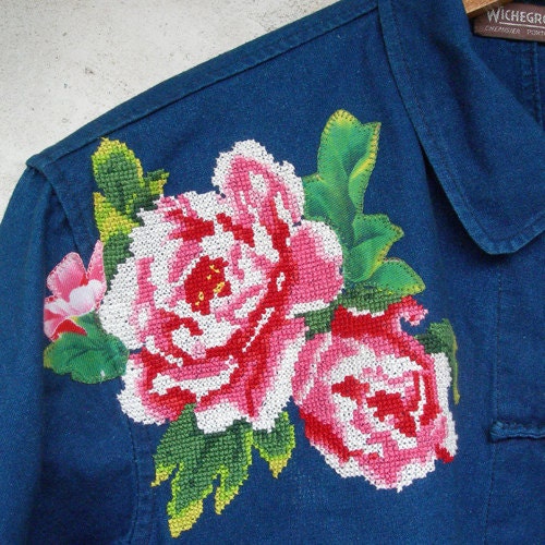 Ooak Peony chinese jacket blue embroidery cross stitch flower