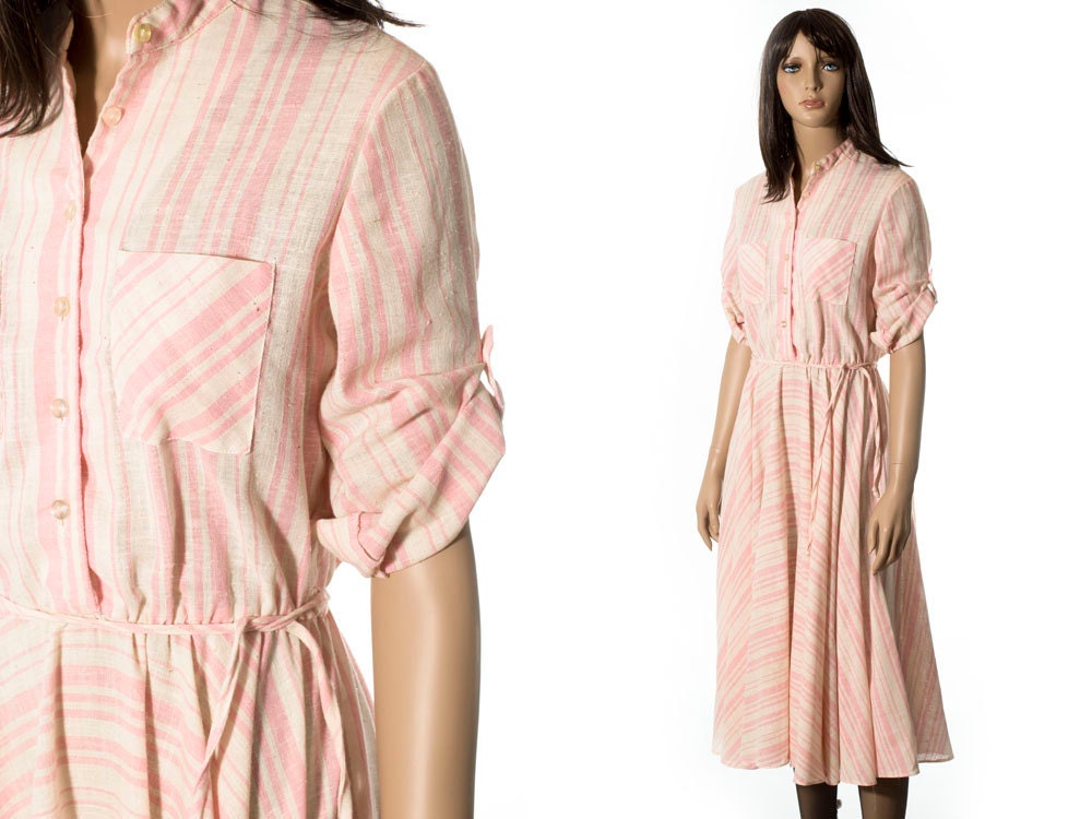 Vintage pink and cream striped shirtwaist dress