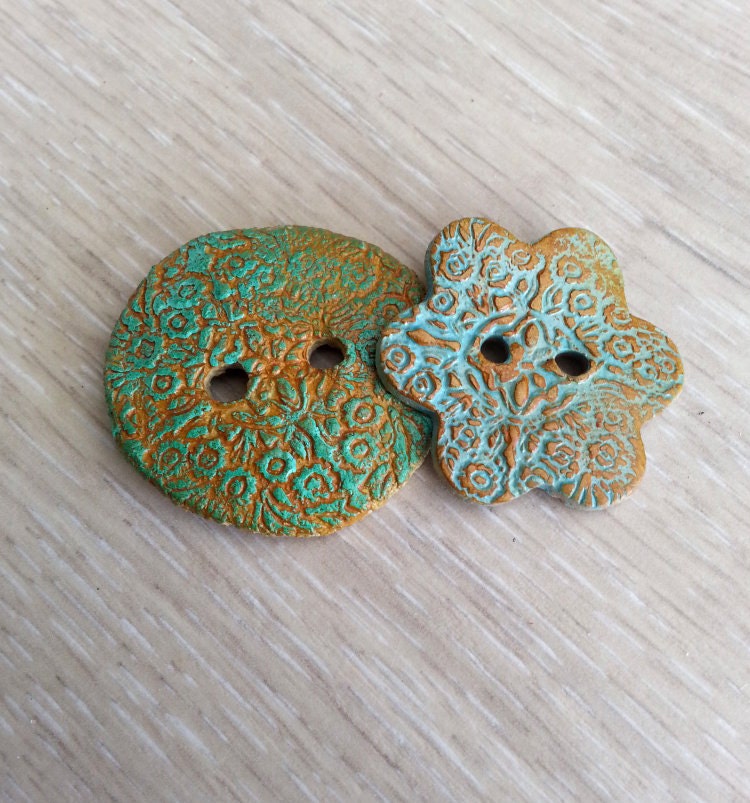 Happy buttonsceramic  art beads with patina colors