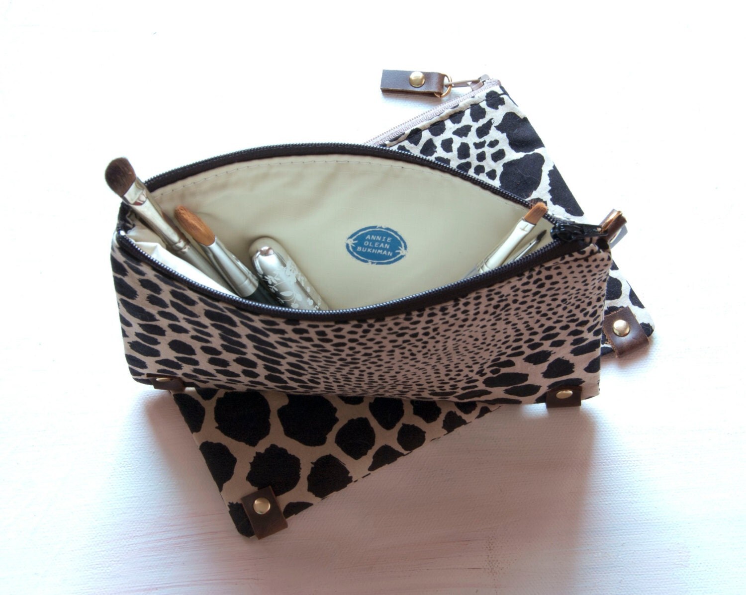 ANIMAL Clutch. Make up Bag. Black and White Clutch. Leather Make Up Bag.