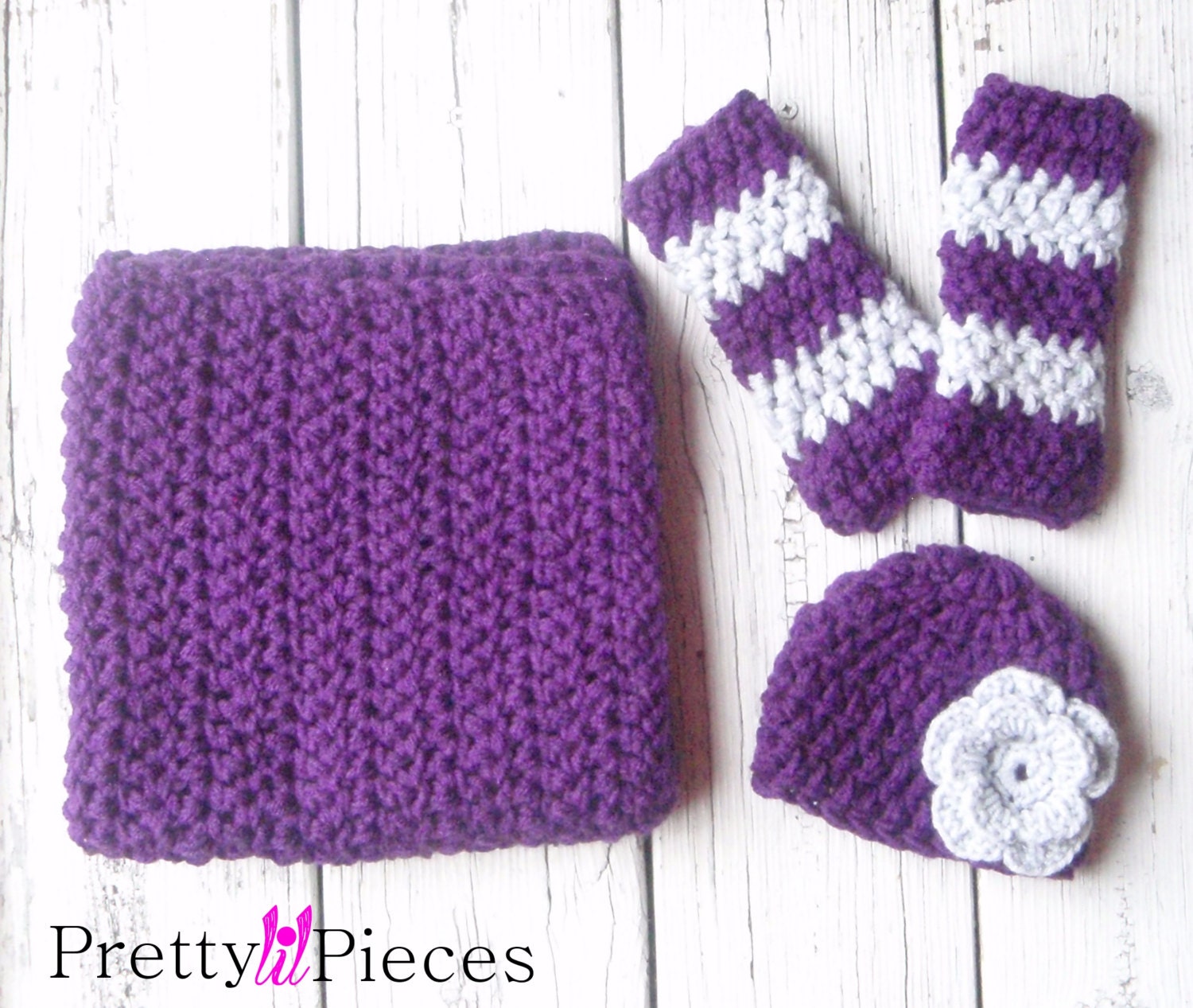 Custom order 3 piece photography prop set: mini blanket, newborn leg warmers, and newborn hat, your choice of colors. (GIRL)