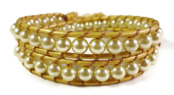 Pearl Wrap Bracelet, Leather Wrap Bracelet, Beaded Golden Yellow Pearl Bracelet, Chan Luu Style, Glass Bracelet, Boho, Adjustable Size