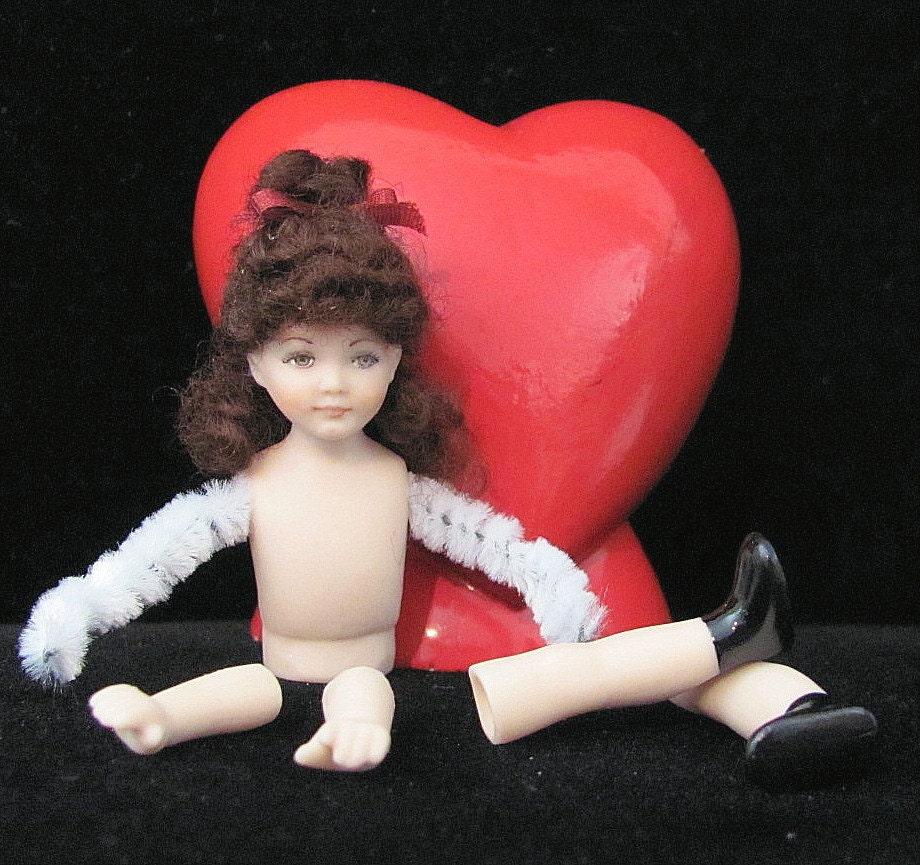 Vintage Hand Painted (Mary) Porcelain Doll Head and Torso with Mohair - Arms and Legs - Doll Parts - Supplies