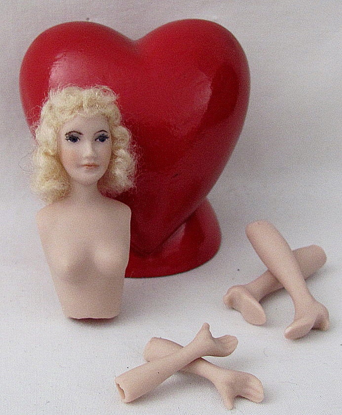 Vintage Hand Painted (Caroline) Porcelain Doll Head and Torso with Mohair - Arms and Legs - Doll Parts - Supplies