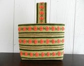 Vintage Crewel Embroidery Burlap Bag Watermelon Colors Neon Orange Green Lime for Books Lunch or for Back to School