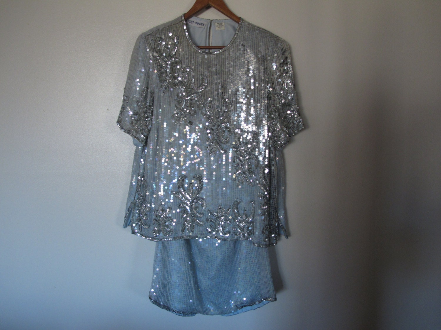 sequin dress beaded white dress party cocktail dress flapper gatsby sky blue beading detail bejeweled L XL silk