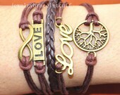 jewelry Infinity, Love & wish treen Charm Bracelet- bronze, cotton ropes Leather Braid Bracelet-Personalized gift, Friendship gift   SH-0821