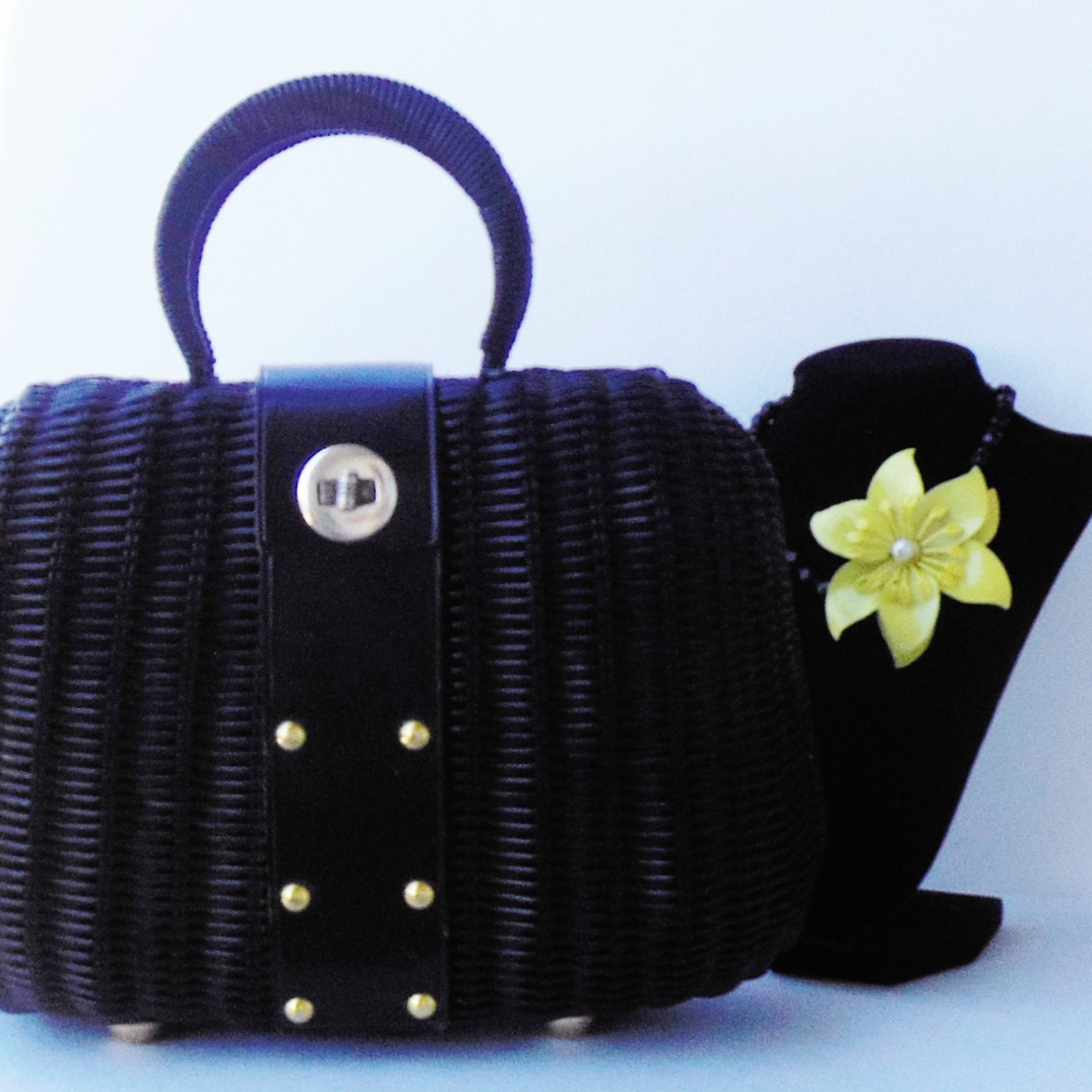 Vintage Black Rockabilly Basket Purse 60s