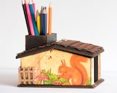 Wooden Pencil Holder, Spring Forest, Unusual Desk Accessory, Brown & Yellow Kids Desk Organizer, Nursery or Home office decor ohtteam