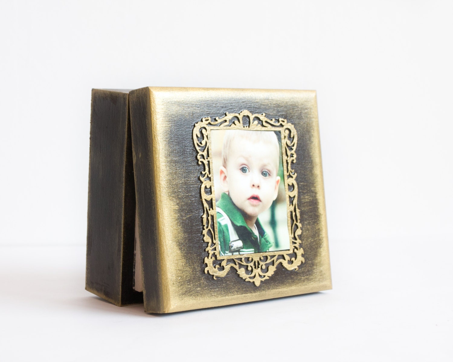 Photo Box, Wedding Box, Framed Photo Box, Chocolate and Dull Gold, Wooden Box, Customizable Box ohtteam