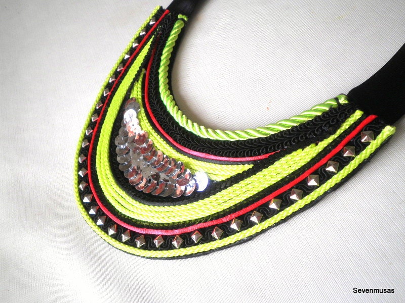Neon Yellow Coral Black Silver - Cord Ribbon Sequin  Tribal  Bib Collar  Necklace