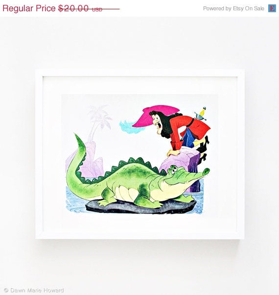 50% Off Sale Vintage Captain Hook Wall Art Disney Peter Pan Illustrated Nursery Print