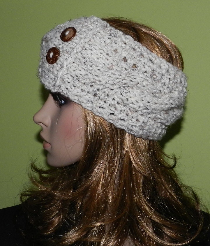 Hand Knitted Cable Chunky Headwarmer, Chunky Headband, Cable Headwrap with  Two  eco  Buttons on the side in Oatmeal