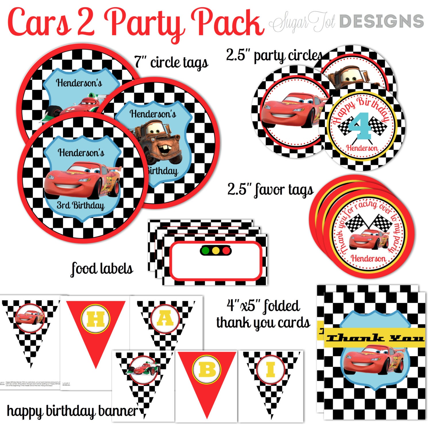 Cars 2 Themed Party Pack, Cars 2 party decor, cupcake toppers, favors tags, banner, thank you cards, food labels - PRINTABLE