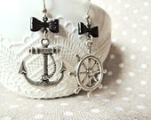 Anchor and helm earrings . nautical dangle earrings with bow . Hello Sailor