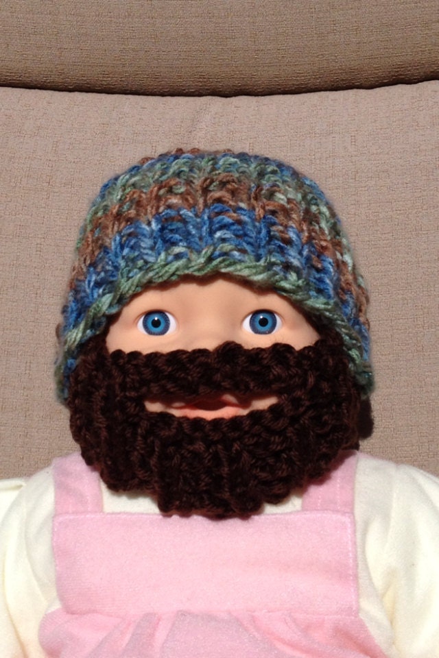 SALE Baby Bearded Beanie - Blue Green Brown Hat W/ Dark Brown Beard 5-12 Months Beard face mask 