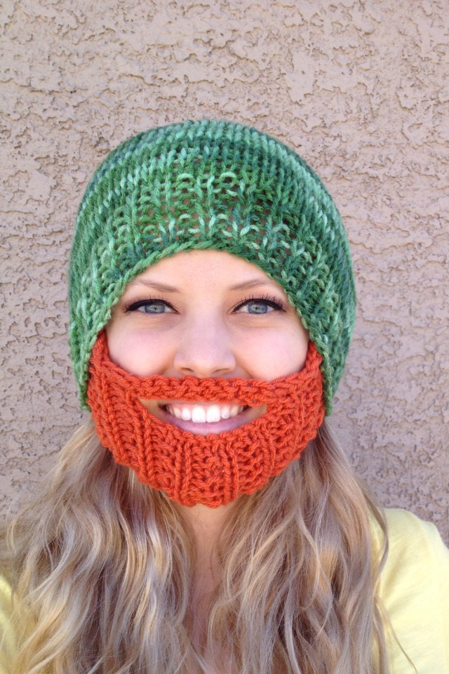 SALE Bearded Beanie - St. Patrick's Day Multi Green Hat W/ Orange Beard Costume Face Mask