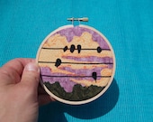 Mini Hoop, "Birds on the Wire with Apricot Mauve Sky", OOAK, textile art, fabric art, home decor, fiber art, upcycled, recycled art