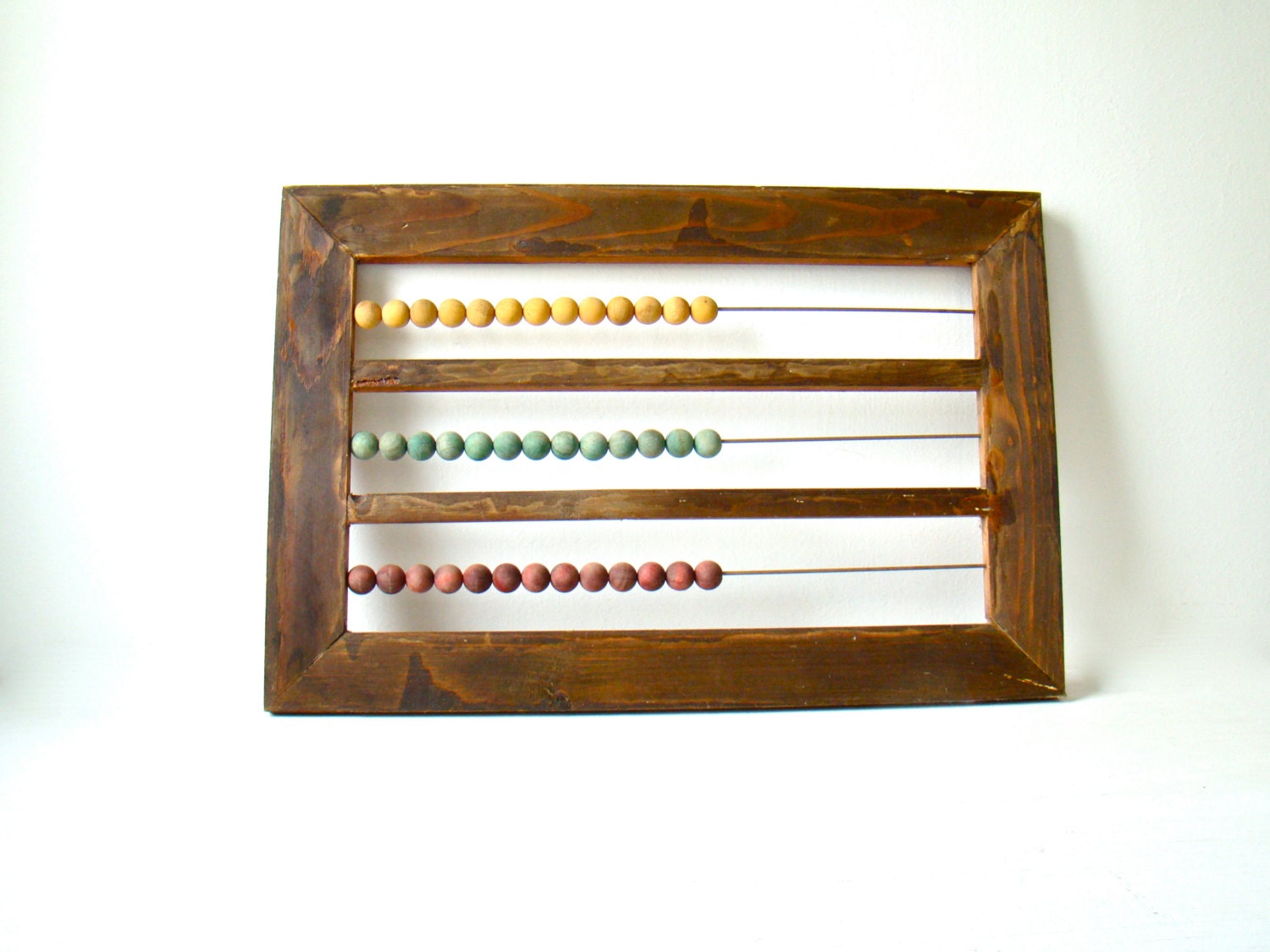 large wooden abacus, french wood framed antique billiards scoreboard, yellow, green and red balls, industrial home decor