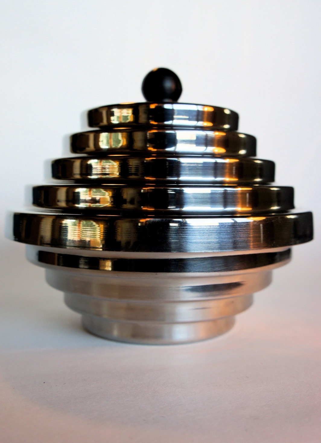 Art Deco inspired, "Maya" Moderne Stainless Serving Bowl with Lid Designed by Alessi Italia, distributed by Mann