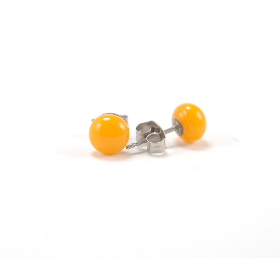 Pumpkin orange fused glass stud earrings with surgical steel earring posts
