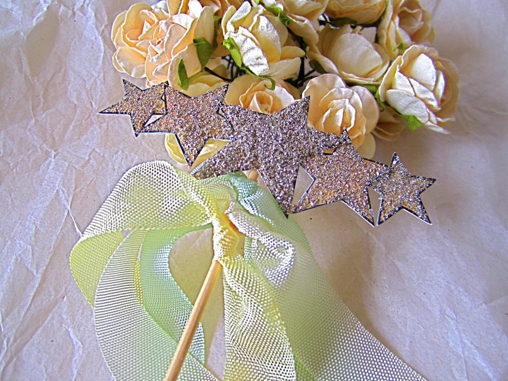 Sparkling Star Cake Topper - Vintage Inspired - Art Deco - Encrusted in Silver Glitter - Ribbons