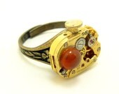 Steampunk Watch Movement Adjustable Ring with carnelian stone