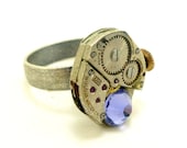 Steampunk Watch Movement Adjustable Ring with Swarovski Crystal